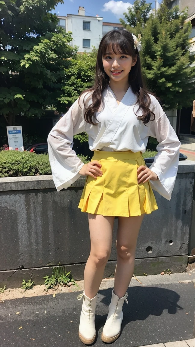 (8k、RAW Photos、Highest quality、masterpiece:1.2)、(Highest quality、Realistic)、1 Girl、((Yellow and white kimono、Japanese style、mini skirt、Floral、band、Idol Costume、ribbon、See-through、Thin legs、whole body、boots、garden、View from the front、Looking into the camera、Stand with hands on hips))、cute