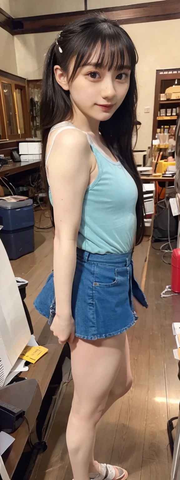 Open shirt, (((Leaning forward))), ((,Round face, Around ,mini skirt、Loose fitting tank top)),  Long Hair, , Natural Makeup, Lips become thicker, Sexy Gaze, barefoot, ((Raise one leg)),  Shooting from below,Gentle expression ,((Extremely precise and accurate anatomy)),  (masterpiece:1.43), Perfect Proportions, Realistic photos, Full Shot, whole body, (height: 165cm), 