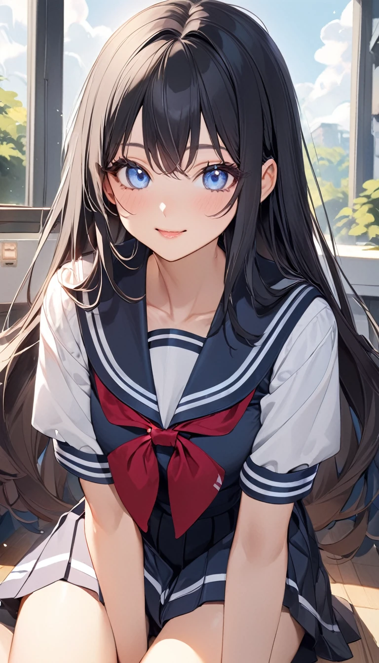 (Highest quality illustration:1.2), (cute girl:1.1), (1 girl、17 years old, (1 girl、Kind eyes、blue eyes:1.2)、Black Hair、Semi-long hair、(Highest quality、Very detailed、cute、Ultra-high resolution) 、High School Uniform{Sailor suit、Red neckerchief、Short sleeve、Pleated skirt)、Large Breasts、Stylish, whole body