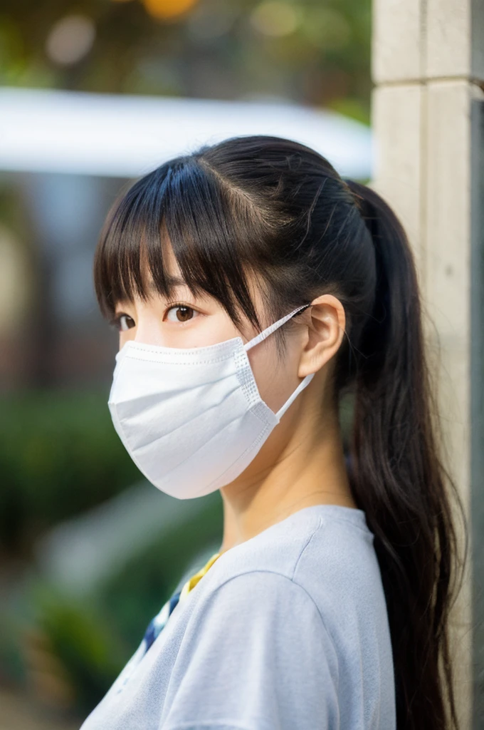 high school girl,Japanese,Black hair ponytail,Tactile,Heavy bangs,Front view with mask on