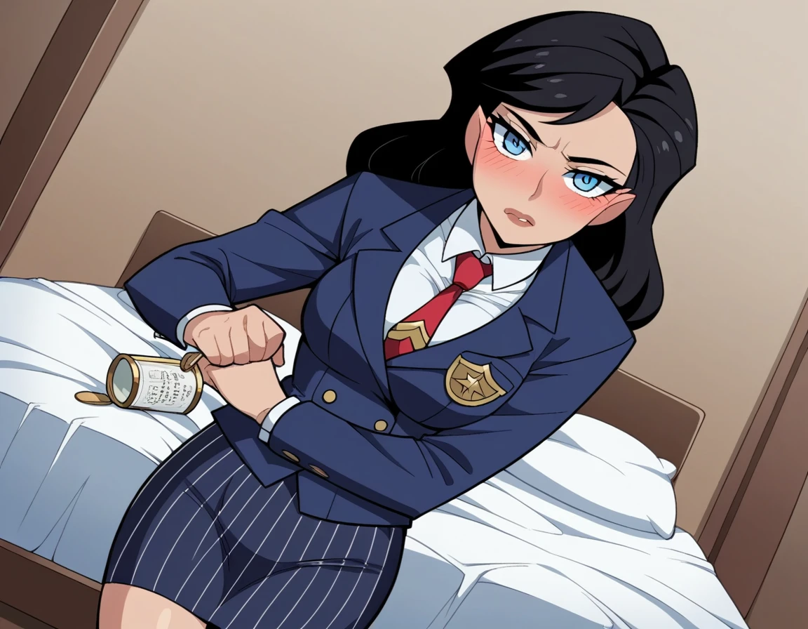 score_9, score_8_up, score_7_up, source_anime,
dianaprince, diana prince, blue eyes, black hair,
(((navy pinstripe silk skirt suit))), (((three-piece suit))), (((light blue dress shirt with white collar))), (((necktie))), (((blazer))), (((suit jacket))), ((waistcoat)), double-breasted waistcoat, (((bodycon miniskirt))), pocket square, cufflinks, tie clip,
indoors, bed, bed room, on side, blush, drunk,
cowboy shot, looking at viewer, solo, dutch angle,