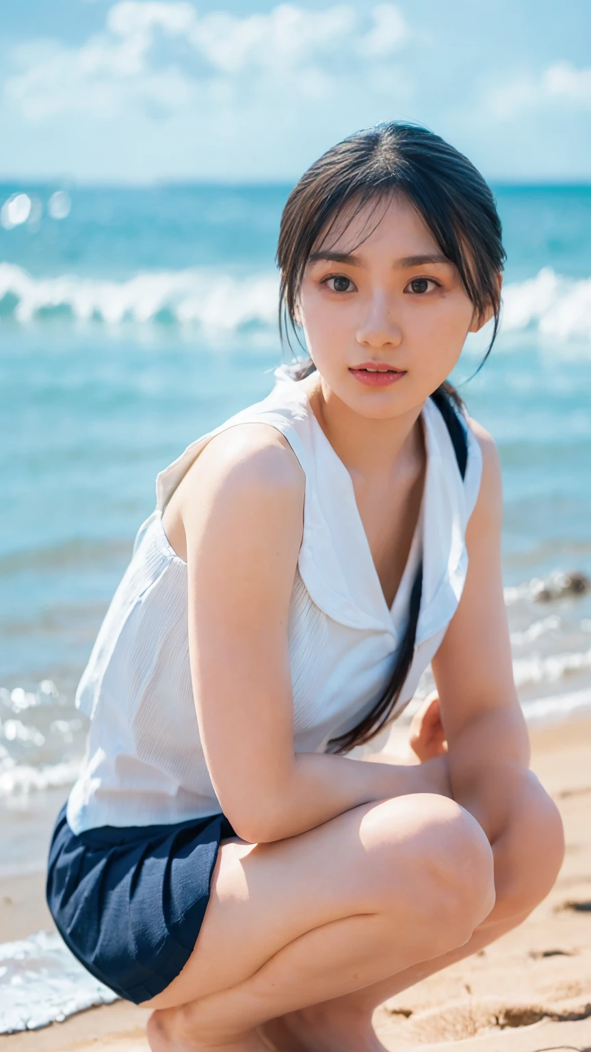 (((Top-down configuration:1.33)))、((No underwear:1.55))、One Girl、Beautiful and detailed eyes and face、barefoot、20 year old cute Japan woman, ((Extremely precise and accurate anatomy:1.0)), (photo Realistic:1.4), (hyper Realistic:1.4), (最高品質のRealisticな肌の質感:1.4), (Improvement of quality:1.4), (Enhances the beauty of skin texture:1.1), Clean and glowing skin, mesh, thin:1.2, (Realistic:1.3), Realisticなライティング, (Smoother lighting:1.05), (Improving the quality of cinema lighting:0.9), Backlight, A gentle light on your face, Ray Tracing, (Bright light:1.2), 32k, One Japanese woman, fine grain, Detailed face, (Film Grain:1.1),(Accentuates body lines:1.1), High resolution, Natural look, Kind eyes, Improves hair quality, Delicate light and shadow, Transparent muscles, Graceful pose, Beautiful Eyes, Sharp details, Soft light reflection, Beautiful contours, Delicate skin tone, Fine hair texture, Natural background, (((sunny day、Beach、A strong wind is blowing、Her hair and skirt are flying、Squat, Traditional navy blue sailor uniform、Open shirt、Pleated skirt、Scooping seawater with hands:1.25、splash、Sandy Beach、Light of the sun、clear blue sea、The waves crash quietly、Blue sky and white clouds、green mountain々、Beautiful Nature、The joys of youth)))、