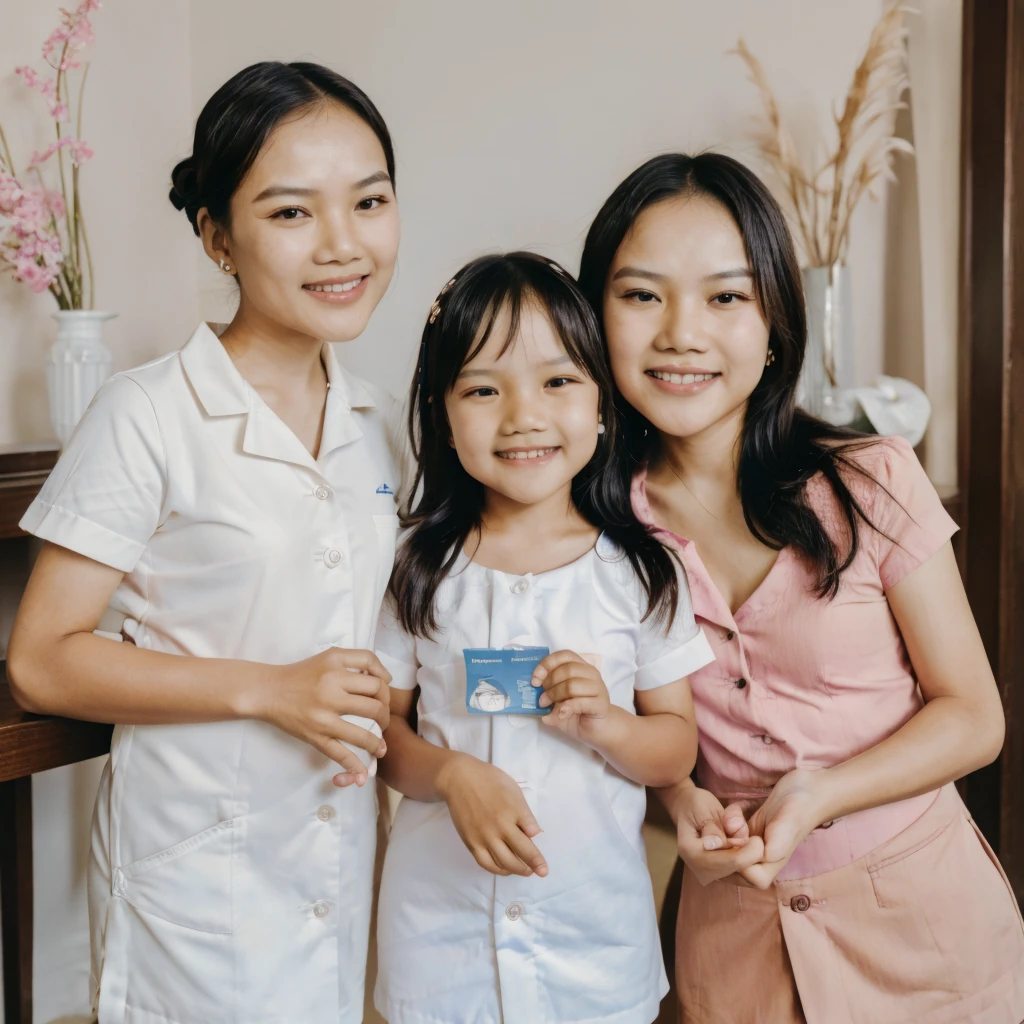 Photo of Indonesian children and Indonesian speech therapists. The therapist holds flash cards and the  responds. smile. Indonesian people. 4k ultra realistic. mid shot