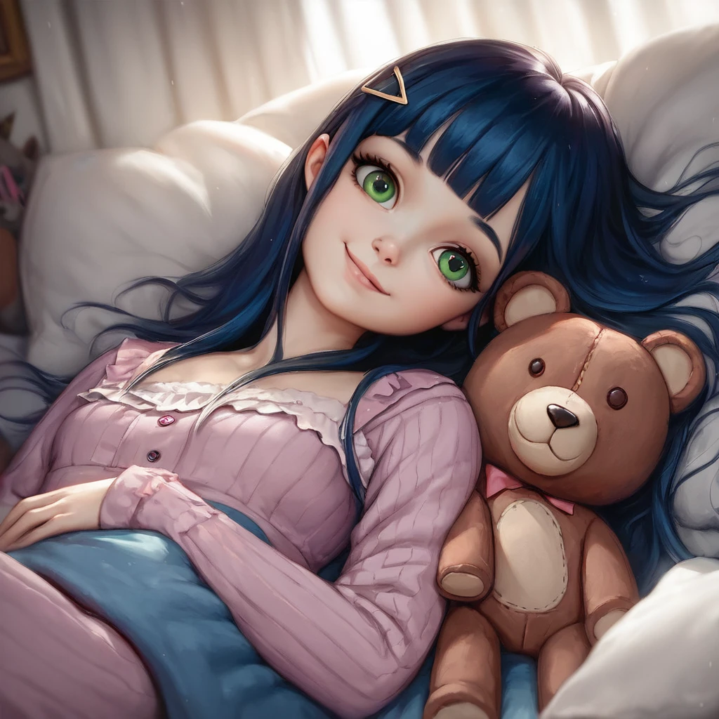 score_9, score_8_up, score_7_up, score_6_up, score_5_up, score_4_up, source_anime, clip skip:2,masterpiece, ultra detailed, 8K, (Cute a girl:1.5),
(masterpiece:1.3), anime visual,pale puple long hair,blunt bangs hair,green eyes, (Lovey-dovey:1.5), (tilt head:1.3), extremely delicate face, soft clean focus, realistic lighting and shading, (an extremely delicate and beautiful art:1.3), elegant, (muted colors:1.1), small breast,slim,Pink ribbed frill trim pajamas, a bed, a night light, a kind smile,Sleeping with a teddy bear,(night lit:1.5),