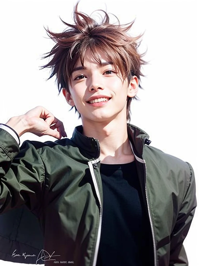 boy with red and black hair who stands upright. He wears a dark green jacket with white stripes on the edges and a black t-shirt underneath. The character smiles broadly with a confident expression, and holds the collar of his jacket with one hand."