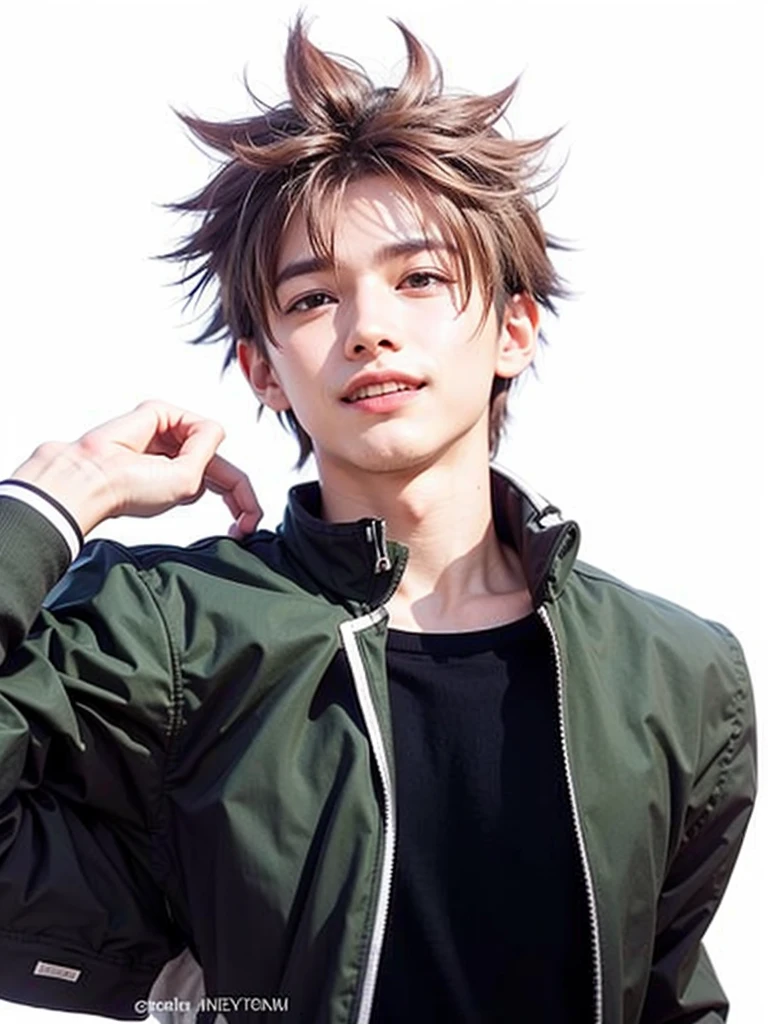 boy with red and black hair who stands upright. He wears a dark green jacket with white stripes on the edges and a black t-shirt underneath. The character smiles broadly with a confident expression, and holds the collar of his jacket with one hand."