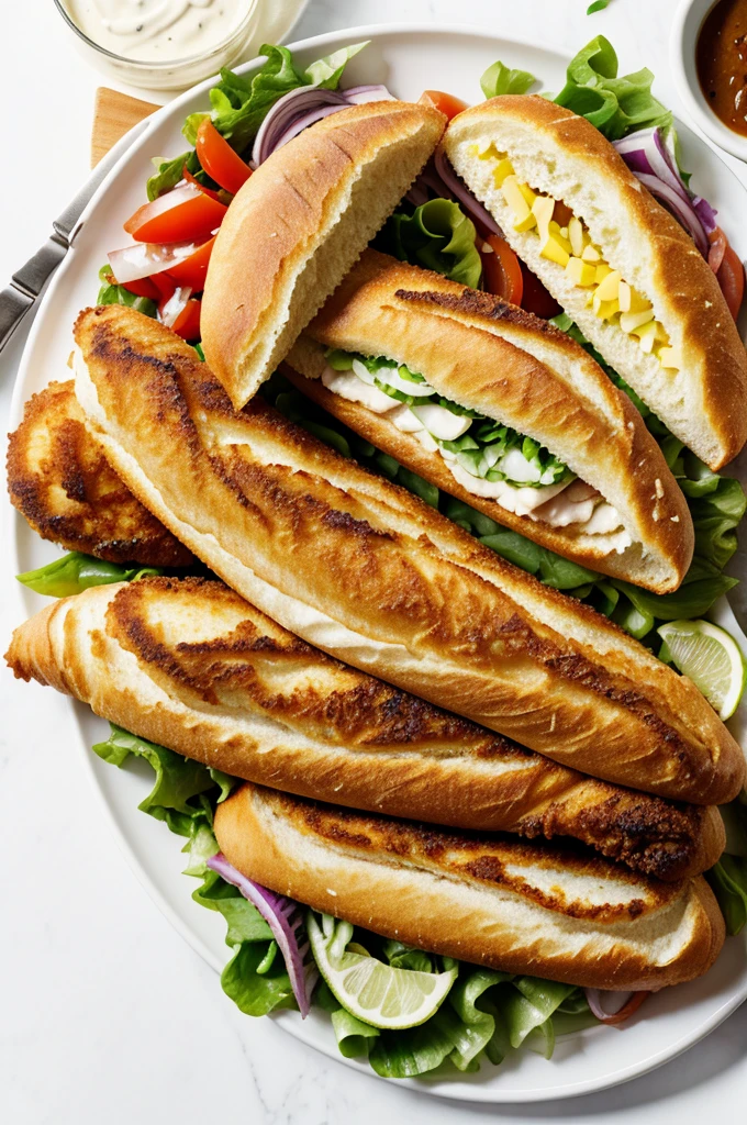 Delicious fried chicken baguette on white background