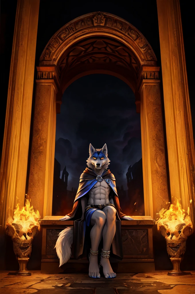 (((Barefoot furry character, full body, cinematic setting, furry male, plantigrade))), (((wearing silver anklets))), (((wearing gladiator sandals)))
(((Hades))) - (((God of the Underworld))) depicted as a mysterious (((wolf))) anthro with charcoal-gray fur and glowing amber eyes. He wears a dark hooded cloak that billows around him. Hades sits barefoot amidst eerie mist and shadows, with spectral forms and ghostly apparitions in the background. Symbols of the underworld like skeletal remains and obsidian pillars surround him. Cerberus, the three-headed dog, is at his side.
BREAK, detailed background, 8K, (masterpiece:1.5), intricate details, highly detailed, extreme detail, octane render, fine art, best quality, highres, (detailed face:1.5), ((full_body)), UHD, (((perfect hands))), (((perfect feet))), low light