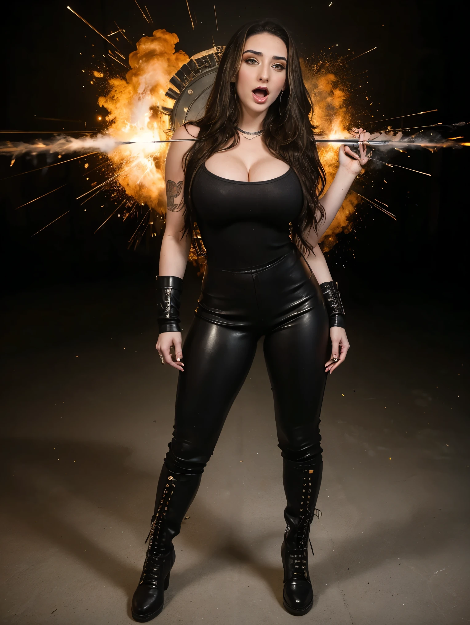 Extremely busty thin and toned brunette death metal singer, college girl, fair skin, big hair, hair pulled back, soft face, athletic, heavy makeup, piercings, black leather, studs, ????????, boots, fingerless gloves, chains. standing on a stage, pyrotechnics, holding a microphone, metal concert. (microphone), angry, rage, screaming. Heavy metal. Death metal. Explosions, fire.