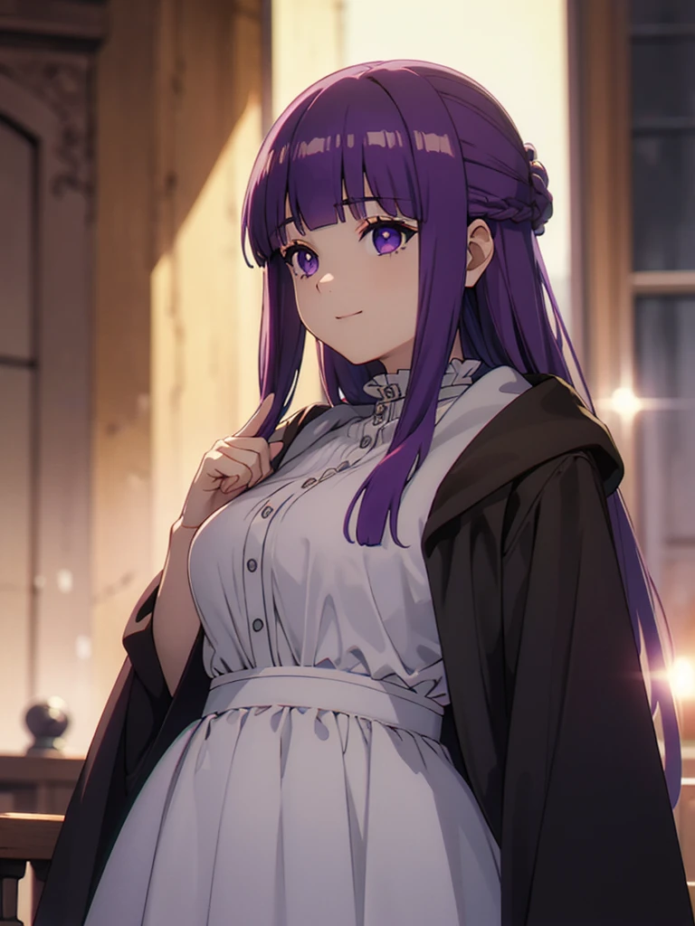 è²ä¼¦,1girl,solo,purple hair,long hair,purple eyes,blunt bangs,sidelocks,half updo,bright pupils, hair ornament,frilled collar,black robe,white dress,center frills,buttons,wide sleeves,long sleeves,curvy,cowboy shot,brown coat,from side,smile,, Exquisite visuals, high-definition,masterpiece,best quality,, 20yo,Young female,Beautiful Finger,Beautiful long legs,Beautiful body,Beautiful Nose,Beautiful character design, perfect eyes, perfect face,expressive eyes, looking at viewer, official art,extremely detailed CG unity 8k wallpaper, perfect lighting,Colorful, Bright_Front_face_Lighting,shiny skin, (masterpiece:1.0),(best_quality:1.0), ultra high res,4K,ultra-detailed, photography, 8K, HDR, highres, absurdres:1.2, Kodak portra 400, film grain, blurry background, bokeh:1.2, lens flare, (vibrant_color:1.2), (beautiful_face:1.5),(narrow_waist), 