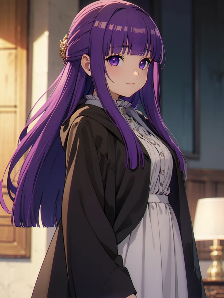 è²ä¼¦,1girl,solo,purple hair,long hair,purple eyes,blunt bangs,sidelocks,half updo,bright pupils, hair ornament,frilled collar,black robe,white dress,center frills,buttons,wide sleeves,long sleeves,curvy,cowboy shot,brown coat,from side,smile,, Exquisite visuals, high-definition,masterpiece,best quality,, 20yo,Young female,Beautiful Finger,Beautiful long legs,Beautiful body,Beautiful Nose,Beautiful character design, perfect eyes, perfect face,expressive eyes, looking at viewer, official art,extremely detailed CG unity 8k wallpaper, perfect lighting,Colorful, Bright_Front_face_Lighting,shiny skin, (masterpiece:1.0),(best_quality:1.0), ultra high res,4K,ultra-detailed, photography, 8K, HDR, highres, absurdres:1.2, Kodak portra 400, film grain, blurry background, bokeh:1.2, lens flare, (vibrant_color:1.2), (beautiful_face:1.5),(narrow_waist),