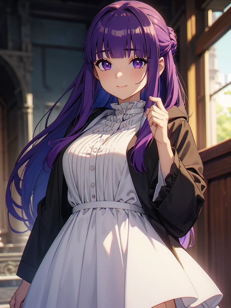 è²ä¼¦,1girl,solo,purple hair,long hair,purple eyes,blunt bangs,sidelocks,half updo,bright pupils, hair ornament,frilled collar,black robe,white dress,center frills,buttons,wide sleeves,long sleeves,curvy,cowboy shot,brown coat,from side,smile,, Exquisite visuals, high-definition,masterpiece,best quality,, 20yo,Young female,Beautiful Finger,Beautiful long legs,Beautiful body,Beautiful Nose,Beautiful character design, perfect eyes, perfect face,expressive eyes, looking at viewer, official art,extremely detailed CG unity 8k wallpaper, perfect lighting,Colorful, Bright_Front_face_Lighting,shiny skin, (masterpiece:1.0),(best_quality:1.0), ultra high res,4K,ultra-detailed, photography, 8K, HDR, highres, absurdres:1.2, Kodak portra 400, film grain, blurry background, bokeh:1.2, lens flare, (vibrant_color:1.2), (beautiful_face:1.5),(narrow_waist),