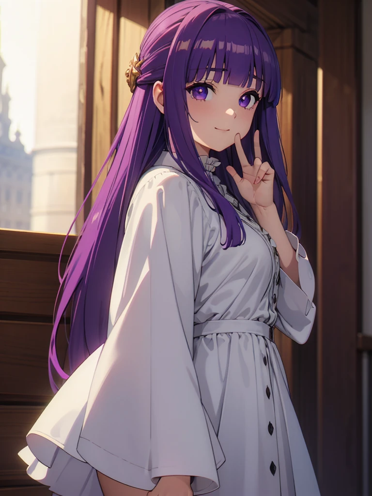 è²ä¼¦,1girl,solo,purple hair,long hair,purple eyes,blunt bangs,sidelocks,half updo,bright pupils, hair ornament,frilled collar,black robe,white dress,center frills,buttons,wide sleeves,long sleeves,curvy,cowboy shot,brown coat,from side,smile,, Exquisite visuals, high-definition,masterpiece,best quality,, 20yo,Young female,Beautiful Finger,Beautiful long legs,Beautiful body,Beautiful Nose,Beautiful character design, perfect eyes, perfect face,expressive eyes, looking at viewer, official art,extremely detailed CG unity 8k wallpaper, perfect lighting,Colorful, Bright_Front_face_Lighting,shiny skin, (masterpiece:1.0),(best_quality:1.0), ultra high res,4K,ultra-detailed, photography, 8K, HDR, highres, absurdres:1.2, Kodak portra 400, film grain, blurry background, bokeh:1.2, lens flare, (vibrant_color:1.2), (beautiful_face:1.5),(narrow_waist),