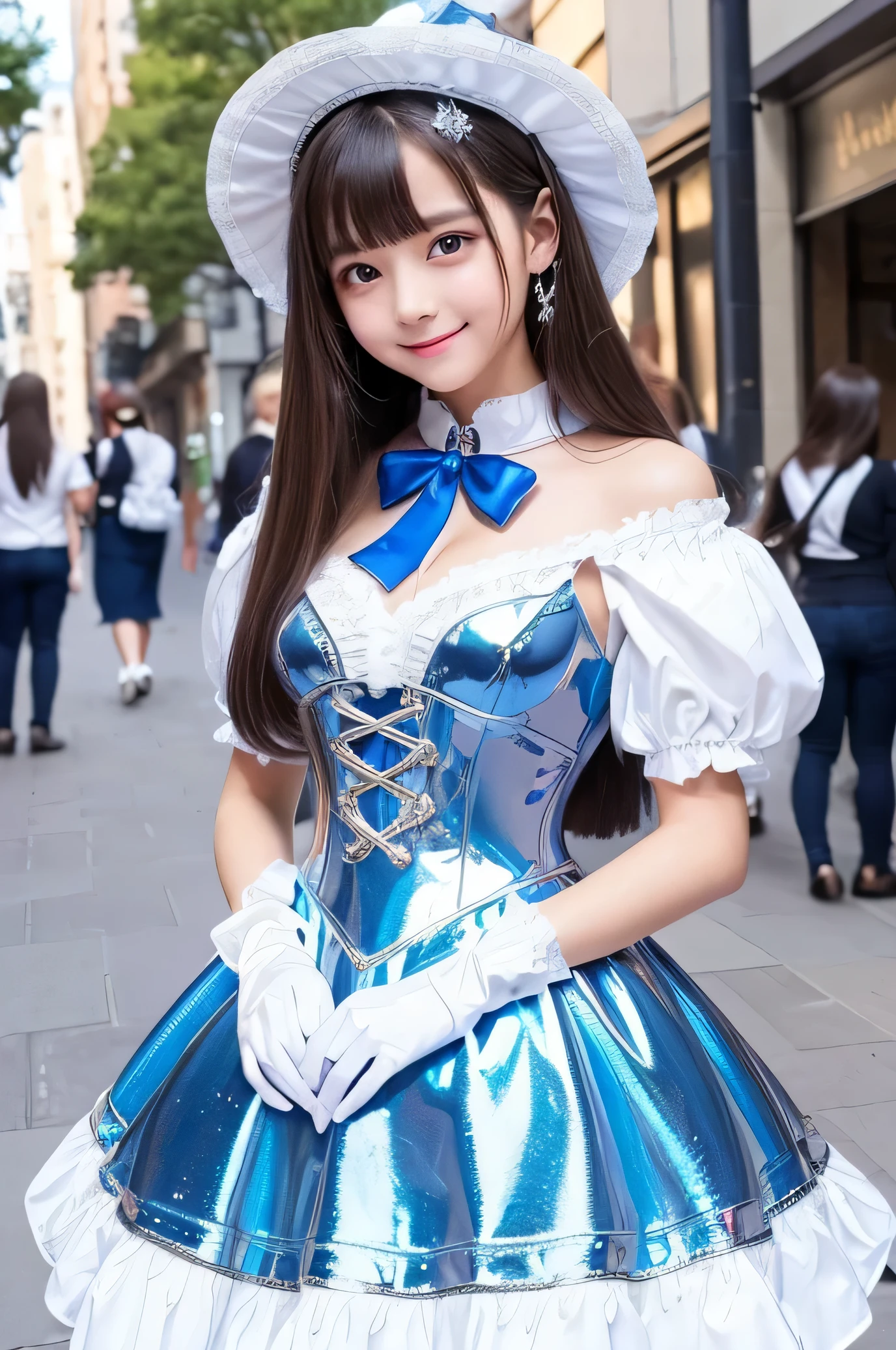 (Very beautiful cute girl), (very cute face:1.2),11 yo, (sparkling crystal clear attractive large eyes:1.1), Beautiful detailed eyes, Detailed double eyelids, (smiling), (realistic photograph:1.2), long straight hair,(Super shiny white and metallic blue maid costume :1),(Costumes with strong reflective surfaces:1),
(metallic blue Maid costume:1),cowboy shot,in the street