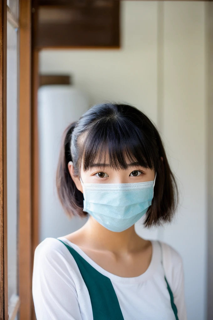 high school girl,Japanese,Black hair ponytail,Tactile,Heavy bangs,Wearing a small mask,Small face,front