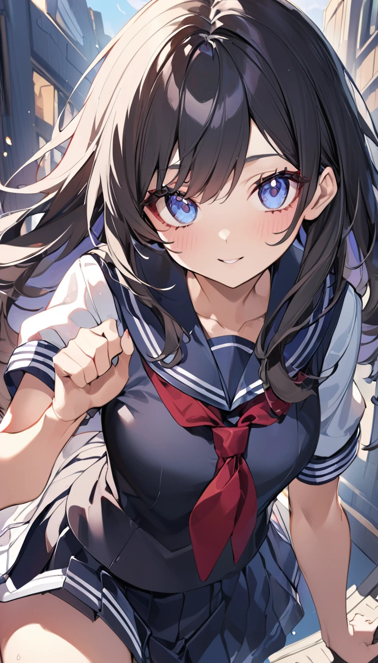 (Highest quality illustration:1.2), (cute girl:1.1), (1 girl、, (1 girl、Kind eyes、blue eyes:1.2)、Black Hair、Semi-long hair、(Highest quality、Very detailed、cute、Ultra-high resolution) 、High School Uniform{Sailor suit、Red neckerchief、Short sleeve、Pleated skirt)、Large Breasts、Stylish, whole body