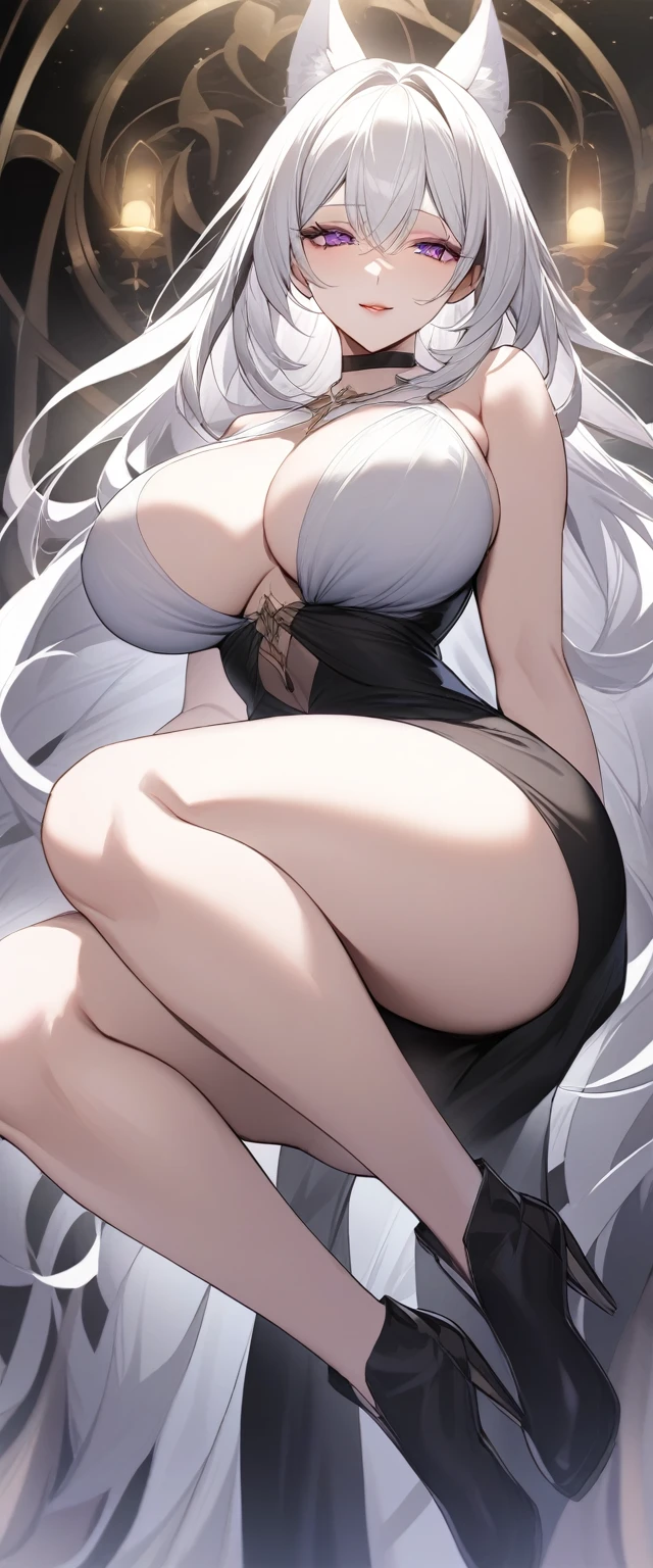 "A with a voluptuous body, pale and delicate skin, long straight white hair, bright and expressive purple eyes, rosy and full lips. She wears a black fitted dress that accentuates her waist and bust, with a V-neckline that highlights her large breasts. The dress has a short black skirt that clings to her hips and shows off her smooth and toned thighs. She wears a pair of black stockings that cling to her legs and accentuate her figure. On her feet, she wears a pair of black high-heeled boots that give her an air of mystery and sensuality. Around her neck, she wears a black choker with a small crucifix that accentuates her pale skin. Her white hair falls loose down her back and moves gracefully as she moves. Her bright purple eyes shine with intensity and her gaze is hypnotic. Her rosy and full lips are perfect for kissing and her smile is radiant. She wears a kitsune mask on one side of her face that gives her an air of mystery and magic. Her figure is curvy and sensual, with a large bust and wide hips. She is a true beauty and her presence is impressive