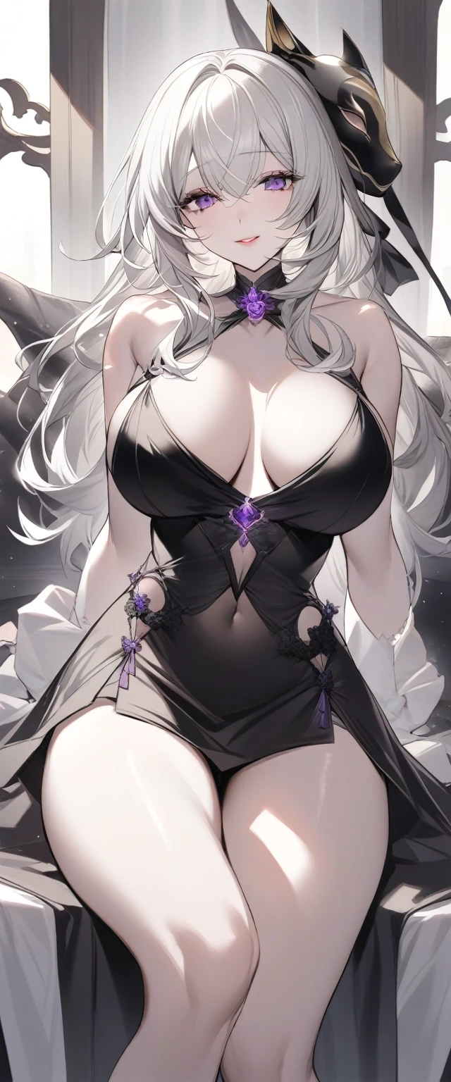 "A with a voluptuous body, pale and delicate skin, long straight white hair, bright and expressive purple eyes, rosy and full lips. She wears a black fitted dress that accentuates her waist and bust, with a V-neckline that highlights her large breasts. The dress has a short black skirt that clings to her hips and shows off her smooth and toned thighs. She wears a pair of black stockings that cling to her legs and accentuate her figure. On her feet, she wears a pair of black high-heeled boots that give her an air of mystery and sensuality. Around her neck, she wears a black choker with a small crucifix that accentuates her pale skin. Her white hair falls loose down her back and moves gracefully as she moves. Her bright purple eyes shine with intensity and her gaze is hypnotic. Her rosy and full lips are perfect for kissing and her smile is radiant. She wears a kitsune mask on one side of her face that gives her an air of mystery and magic. Her figure is curvy and sensual, with a large bust and wide hips. She is a true beauty and her presence is impressive