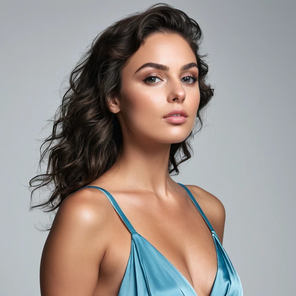beautiful brazilian, (((round face shape with soft features, prominent cheekbones, delicate jaw, slightly rounded chin, medium forehead with natural, wavy hairline))), (((black hair color, long and curly with volume))), ((natural, full eyebrows)), (((dynamic pose, jumping gracefully, open arms))). (((Whole plan, capturing full motion against a pristine white infinite background))). highy detailed, age 25, ((large, expressive dark brown eyes)). (((Long nose at base, gently curved bridge, rounded nostrils in harmony with the face))). ((plump, well-defined lips, com volume natural, dark pink tone)). high resolution, work of art. Pele realista Fitzpatrick V, with a natural golden tan, some soft freckles on the cheeks and nose. ((curvy and athletic body, typical of Brazilian women)), ((Wearing a fluid silk jumpsuit in shades of sky blue)). excellent quality, extremely detaild, sharp focus, ((shooting with Canon EOS R5, lente RF 85mm f/1.2L USM)), Brazilian style vibrant color vision. Proportionate Body, fotorrealism, fot (film grain) (((Clean, uniform lighting with large softboxes, creating an ethereal atmosphere and soft reflections in mirrors))) Em primeiro plano.