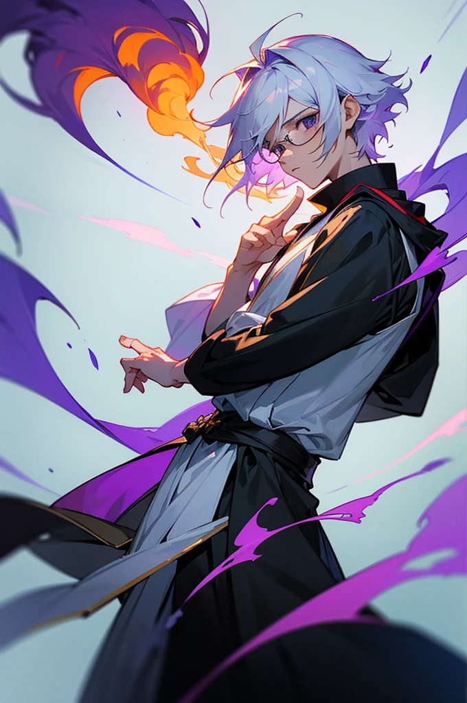 Shawm - 21 years old young man, which was destined for a greater doings. Shawm is a young man, around 21 years old, a sorcerer which is quite skilled in the magic of cursed purple flames. He's short, well built. Usually frowning face shows no sign of emotion, and his half-closed emotionless blank black eyes only consolidate that fact. Tousled white hair with a slight purple colour in it's roots brushed behind, with a small bunch 
of it sticking up before his eyes. Usually he's dressed in a black shirt with white haori above it, white hakama and black runners. On the neck he wears black long scarf with two tips waving behind his back, and on the waist usually wrapped his black and white coloured jacket, wrapped by its sleeves around his body. On Shawm's shoulder usually should be seen a small chibi cat with glasses on - it's his spiritual animal and a teacher, which helps him use his powers. Cursed flames gather around his figure in a small spiritual swirling balls.