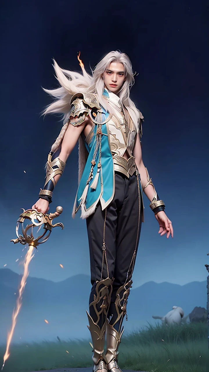 realisticlying,current,photography of,tmasterpiece,Best quality at best,ultra - detailed,extremely detaild的 CG unified 8k wallpapers,(1boys:1.1),silber hair,full bodyesbian,cage,smokes,flame,knives,holdingweapon,Black Themes,