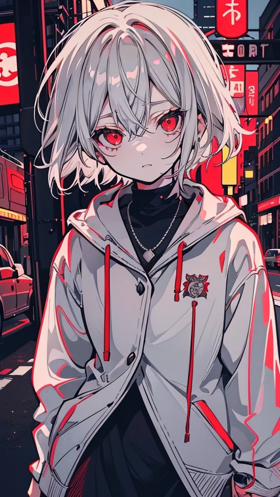 a picture of a women 25 years old short white hair standing in front of a red light, Candid Photography, Gray-haired deity, dynamic poses, Gray-haired girl, Crushing Despair, Flowing white hair, short Hair Anime Girl, perfect Gray-haired girl, , red eyes