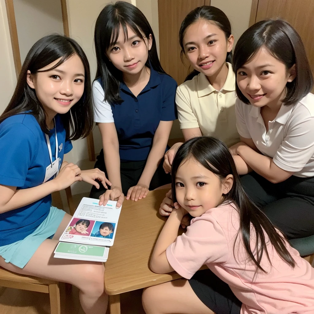 Photo of Indonesian  and Indonesian speech therapists. The therapist holds flash cards and the  responds. smile. Indonesian people. 4k ultra realistic. mid shot