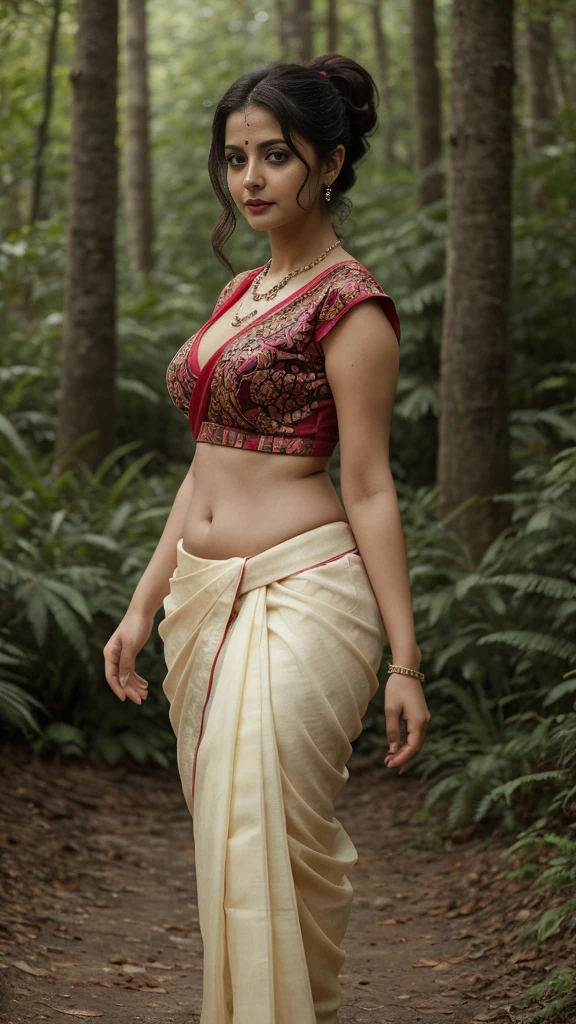 daytime view, close up shot of vedhika from front view, wearing random colour saree, walking in forest, looking to camera, dynamic pose, big and curvy cheeks, hourglass figure, sexy navel, swooping breasts, ponytail, necklace, (cinematic:1.3), intricate details , (ArtStation:1.2)
