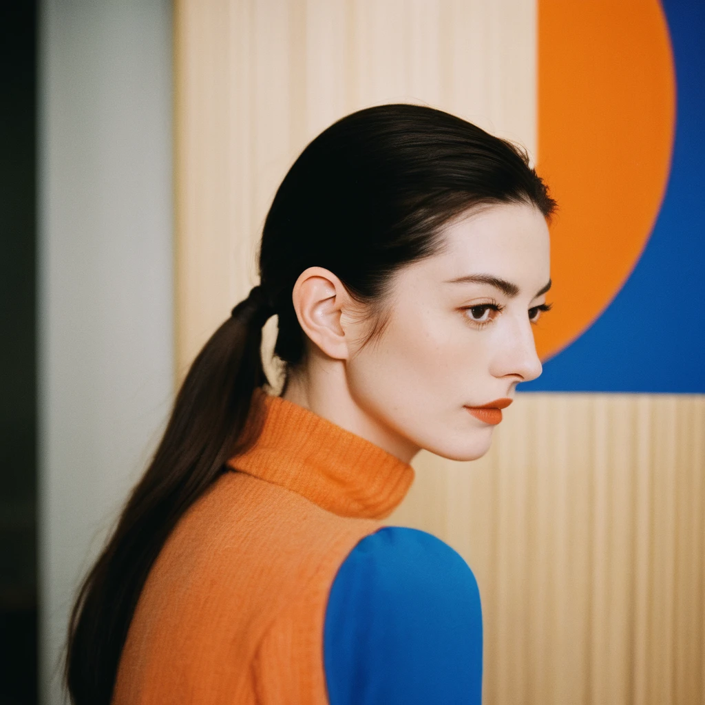 Closeup profile angle portrait photo of an eccentric beautiful face Japanese kawaii woman,still from the film, (Anne Hathaway look alike face: 0.9), posing in a modern art gallery, orange and blue colors, Leica SL3, Summicron-SL 75 f/2 ASPH, kodak gold 200 film, bare shoulder, dynamic action pose,