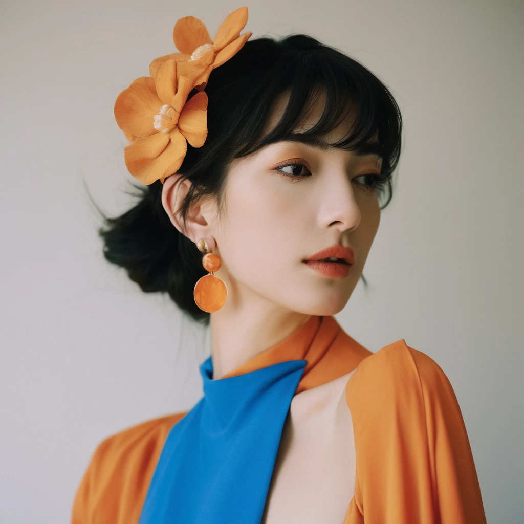 Closeup profile angle portrait photo of an eccentric beautiful face Japanese kawaii woman,still from the film, (Anne Hathaway look alike face: 0.9), posing in a modern art gallery, orange and blue colors, Leica SL3, Summicron-SL 75 f/2 ASPH, kodak gold 200 film, bare shoulder, dynamic action pose,