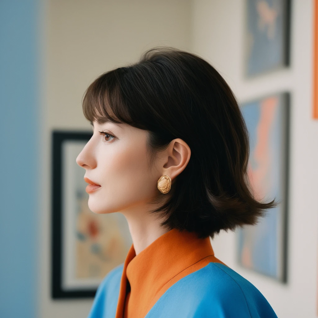 Closeup profile angle portrait photo of an eccentric beautiful face Japanese kawaii woman,still from the film, (Anne Hathaway look alike face: 0.9), posing in a modern art gallery, orange and blue colors, Leica SL3, Summicron-SL 75 f/2 ASPH, kodak gold 200 film, bare shoulder, dynamic action pose,