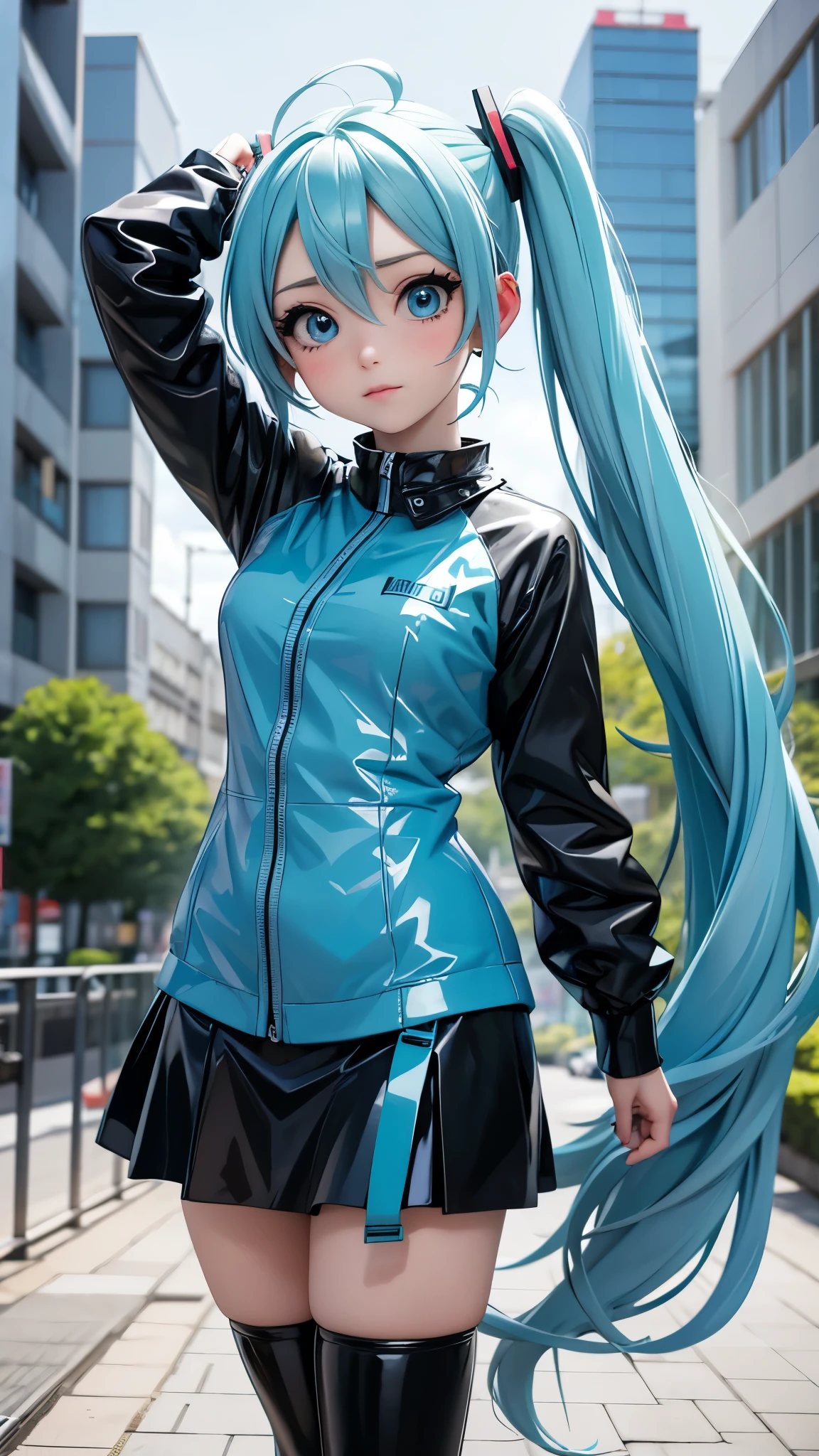 a girl, light blue hair, Hatsune Miku style hairstyle, blue eyes, 20 years old, In Berlin, modern city, better quality, artwork, plump, , Black latex skirt, Top quality latex,