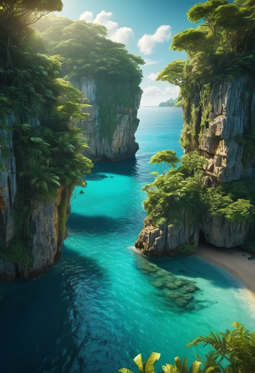 a mysterious island, lush tropical forest, crystal clear turquoise waters, rocky cliffs, golden sand beach, ancient ruins, overgrown vines, mystical atmosphere, dramatic lighting, vibrant colors, cinematic composition, (best quality,4k,8k,highres,masterpiece:1.2),ultra-detailed,(realistic,photorealistic,photo-realistic:1.37),cinematic lighting, moody shadows, ethereal mood, dramatic angles, advanced rendering