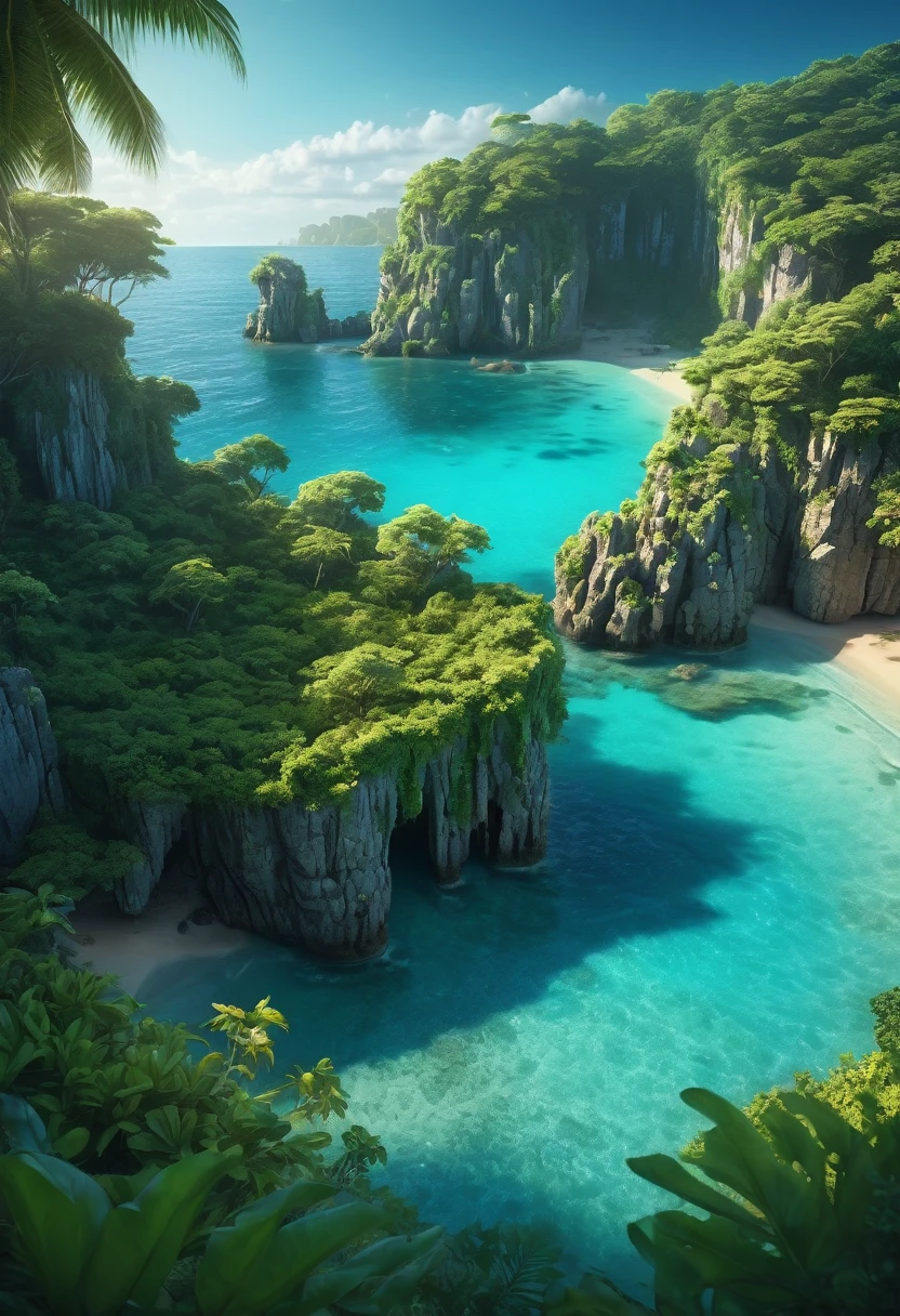 a mysterious island, lush tropical forest, crystal clear turquoise waters, rocky cliffs, golden sand beach, ancient ruins, overgrown vines, mystical atmosphere, dramatic lighting, vibrant colors, cinematic composition, (best quality,4k,8k,highres,masterpiece:1.2),ultra-detailed,(realistic,photorealistic,photo-realistic:1.37),cinematic lighting, moody shadows, ethereal mood, dramatic angles, advanced rendering