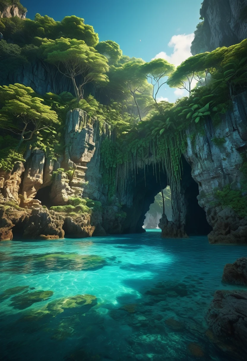 a mysterious island, lush tropical forest, crystal clear turquoise waters, rocky cliffs, golden sand beach, ancient ruins, overgrown vines, mystical atmosphere, dramatic lighting, vibrant colors, cinematic composition, (best quality,4k,8k,highres,masterpiece:1.2),ultra-detailed,(realistic,photorealistic,photo-realistic:1.37),cinematic lighting, moody shadows, ethereal mood, dramatic angles, advanced rendering