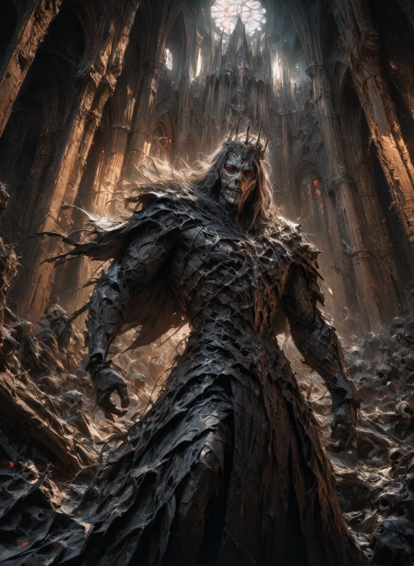 a skeletal undead king, dark fantasy, detailed facial features, glowing red eyes, bony hands, flowing tattered cloak, decaying bones, sinister expression, dark moody lighting, dramatic pose, gothic cathedral interior, intricate detailed textures, dark color palette, cinematic composition, dramatic lighting, masterpiece, (best quality,4k,8k,highres,masterpiece:1.2),ultra-detailed,(realistic,photorealistic,photo-realistic:1.37)