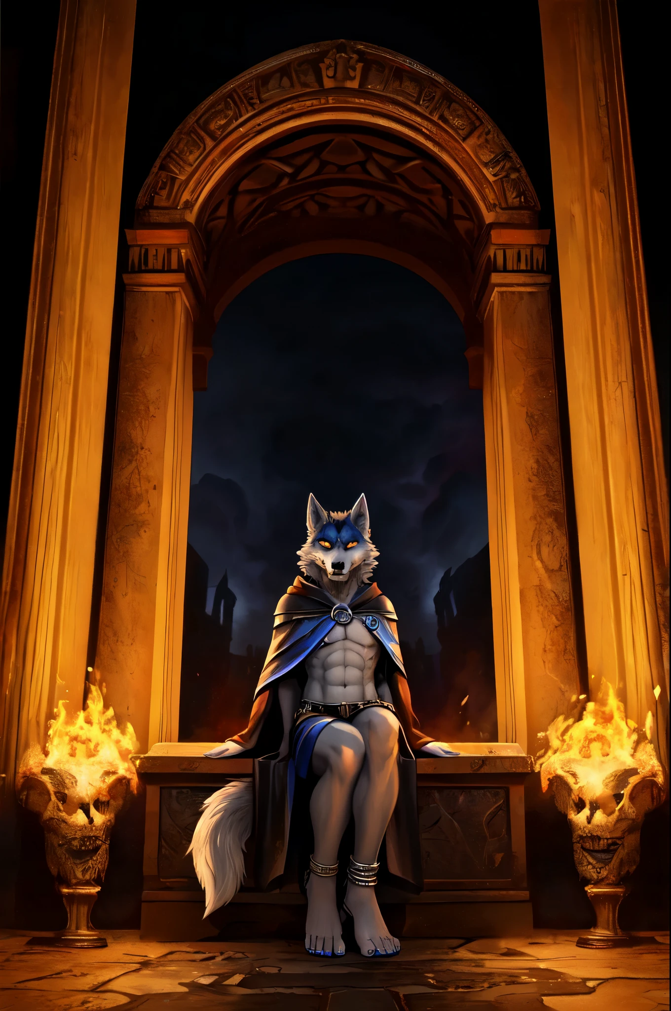 (((Barefoot furry character, full body, cinematic setting, furry male, plantigrade))), (((wearing silver anklets))), (((wearing gladiator sandals)))
(((Hades))) - (((God of the Underworld))) depicted as a mysterious (((wolf))) anthro with charcoal-gray fur and glowing amber eyes. He wears a dark hooded cloak that billows around him. Hades sits barefoot amidst eerie mist and shadows, with spectral forms and ghostly apparitions in the background. Symbols of the underworld like skeletal remains and obsidian pillars surround him. Cerberus, the three-headed dog, is at his side.
BREAK, detailed background, 8K, (masterpiece:1.5), intricate details, highly detailed, extreme detail, octane render, fine art, best quality, highres, (detailed face:1.5), ((full_body)), UHD, (((perfect hands))), (((perfect feet))), low light
