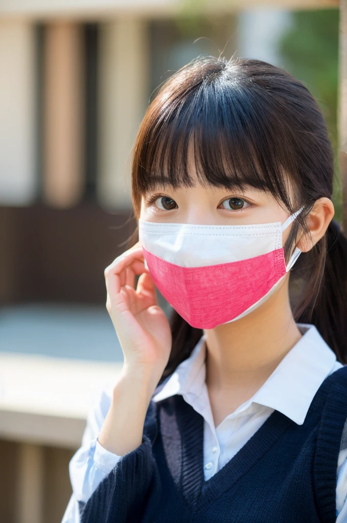 high school girl,Japanese,Black hair ponytail,Tactile,Heavy bangs,Wearing a small mask,Small face,front,shirt,Black Skirt