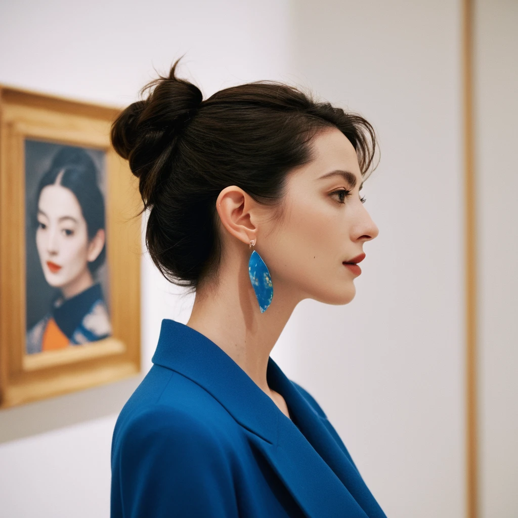 Closeup profile angle portrait photo of an eccentric beautiful face Japanese kawaii woman,still from the film, (Anne Hathaway look alike face: 0.9), posing in a modern art gallery, orange and blue colors, Leica SL3, Summicron-SL 75 f/2 ASPH, kodak gold 200 film, bare shoulder, dynamic action pose,