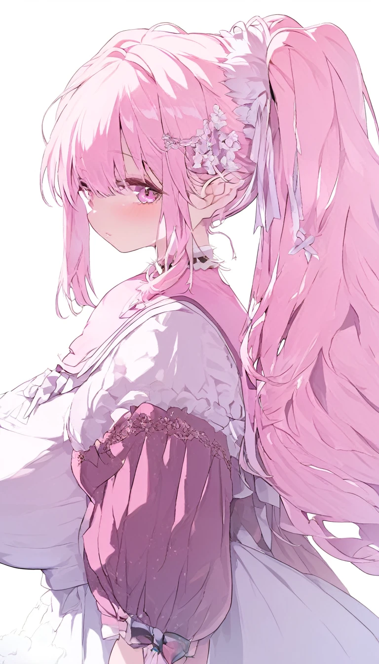 1 22-year-old girl, Pink Hair, Long double ponytail, Pink shirt, Fluffy collar, White fluffy skirt, White ribbon on hair, Lots of hair accessories, ta,(Huge breasts:1.8)