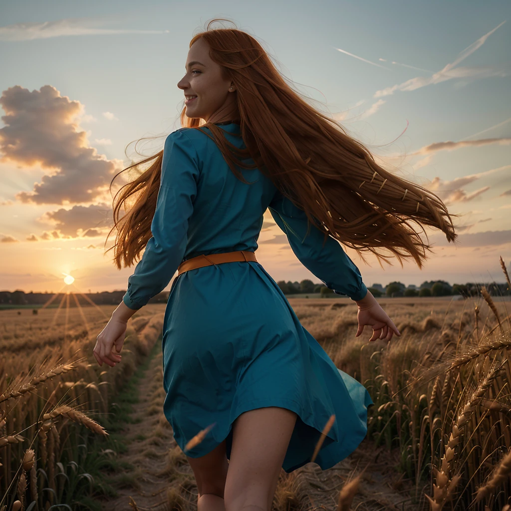1 girl, solo, long orange hair, running, (high wheat field), turning around, emerald eyes, long blue dress, middle ages, medieval outfit, long sleeves sunset, light from behind, shadow on the figure, smile, laughter, (blue sky), against the background of wheat, standing in the distance, looking at the viewer, full-length