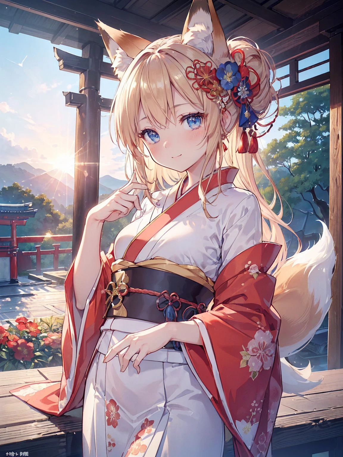 (((masterpiece))), (((Highest quality))), ((Very detailed)), ((Ultra-fine illustrations)), ((Ultra-fine painting)), (16K Highest qualityの壁紙:1.4), (Little:2.0), (whole body:1.6), High resolution, (Highly detailed and subtle illustration style:1.8), Detailed skin texture, Detailed cloth texture, Very detailed説明, (Tmasterpiece), (Very detailed顔:1.2), (Very detailed fox ears:1.2), (Very elaborate shiny golden brown half updo:1.2), (Very detailed澄んだ青い目:1.2), original, RAW Photos, Professional, Intricate details, Super Details, Direct sunlight:1.6, (Perfect Anatomy:1.4), (Extremely elaborate hands:1.2), (Very elaborate fingers:1.2), (Very detailed指先:1.2), (Age 27), Genuine, (alone:1.8), ((She wore a bright red floral kimono、Very beautiful and attractive fox fashion model with blue eyes:1.4)) brake (Beautiful and adorable fox ears:1.6), (Very detailed and delicate fox ears:1.4), (Beautiful and well-shaped big breasts:1.2), (Beautiful and shapely butt), (Beautiful, shining golden brown half-up hairstyle:1.4), (Very delicate and beautiful golden brown half-up hairstyle:1.2), (Clear blue eyes that shine beautifully in every detail:1.6), (Very delicate and detailed blue eyes:1.2), (Very detailed顔:1.4), (smile:1.5), (blush:1.4), (View your viewers:1.4), (celebration:1.4) brake (Bright red floral print furisode:1.4), (Japanese traditional clothing:1.2) brake (Concept Art:1.2), (Detailed fantasy art:1.2) brake (Highly detailed and delicate Ise Shrine in Mie Prefecture in the background just after noon:1.6), (celebration:1.4), Ise Shrine:1.4, Ise Shrineの鳥居:1.4, Very beautiful against the clear sky after noon.:1.4 brake 