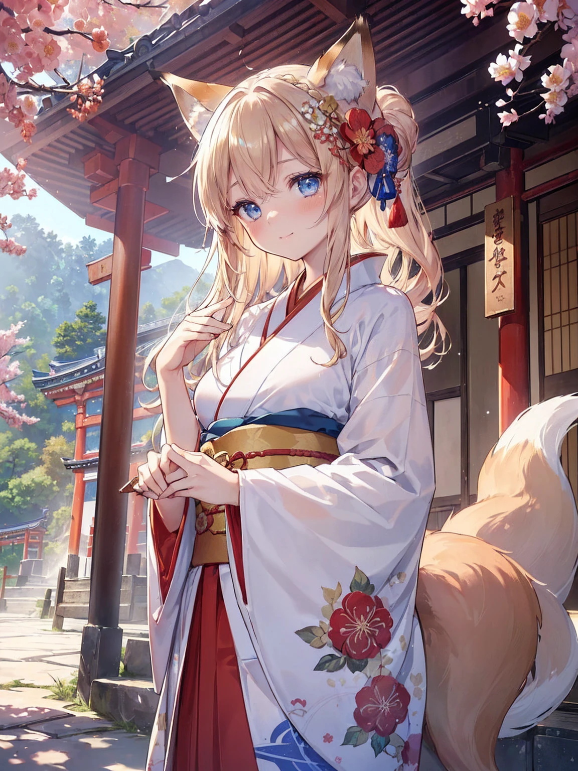 (((masterpiece))), (((Highest quality))), ((Very detailed)), ((Ultra-fine illustrations)), ((Ultra-fine painting)), (16K Highest qualityの壁紙:1.4), (Little:2.0), (whole body:1.6), High resolution, (Highly detailed and subtle illustration style:1.8), Detailed skin texture, Detailed cloth texture, Very detailed説明, (Tmasterpiece), (Very detailed顔:1.2), (Very detailed fox ears:1.2), (Very elaborate shiny golden brown half updo:1.2), (Very detailed澄んだ青い目:1.2), original, RAW Photos, Professional, Intricate details, Super Details, Direct sunlight:1.6, (Perfect Anatomy:1.4), (Extremely elaborate hands:1.2), (Very elaborate fingers:1.2), (Very detailed指先:1.2), (Age 27), Genuine, (alone:1.8), ((She wore a bright red floral kimono、Very beautiful and attractive fox fashion model with blue eyes:1.4)) brake (Beautiful and adorable fox ears:1.6), (Very detailed and delicate fox ears:1.4), (Beautiful and well-shaped big breasts:1.2), (Beautiful and shapely butt), (Beautiful, shining golden brown half-up hairstyle:1.4), (Very delicate and beautiful golden brown half-up hairstyle:1.2), (Clear blue eyes that shine beautifully in every detail:1.6), (Very delicate and detailed blue eyes:1.2), (Very detailed顔:1.4), (smile:1.5), (blush:1.4), (View your viewers:1.4), (celebration:1.4) brake (Bright red floral print furisode:1.4), (Japanese traditional clothing:1.2) brake (Concept Art:1.2), (Detailed fantasy art:1.2) brake (Highly detailed and delicate Ise Shrine in Mie Prefecture in the background just after noon:1.6), (celebration:1.4), Ise Shrine:1.4, Ise Shrineの鳥居:1.4, Very beautiful against the clear sky after noon.:1.4 brake