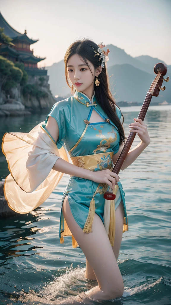 a woman with a traditional Chinese musical instruments in her hand, queen of the sea mu yanling, masterpiece, ultraHD, hyper realistic.