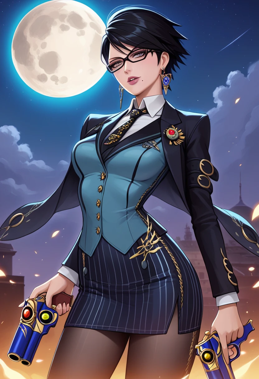 PonyXLV6_Scores,source_anime,masterpiece,best quality, highly detailed,cinematic,unity 8k wallpaper, amazing quality, masterpiece, best quality, UHD, perfect anatomy,
BREAK
cereza,1girl, bayonetta, mole under mouth, solo, mole, glasses, black hair, weapon, moon, gun, jewelry, (((navy pinstripe silk skirt suit))), (((three-piece suit))), (((light blue dress shirt with white collar))), (((necktie))), (((blazer))), (((suit jacket))), ((waistcoat)), double-breasted waistcoat, (((bodycon miniskirt))), pocket square, cufflinks, tie clip, short hair, earrings, bug, alternate hair length, looking at viewer, lipstick, lips, makeup, holding, breasts, full moon, handgun, short hair, parted lips, night