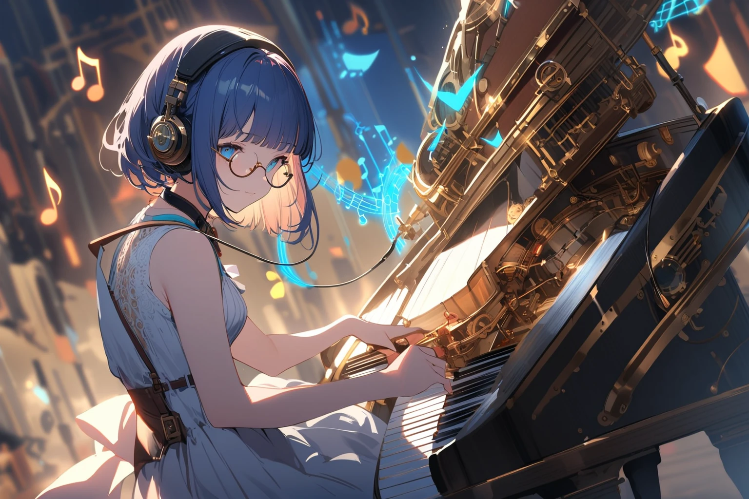 (extremely detailed fine touch:1.3), (((semi-rimless round eyewear:1.3))), (headphone:1.2), short hair, blunt bangs, 1girl, solo, elegant dress, bare arms, steampunk, futuristic, playing_piano, steampunk-inspired_piano, blue_glowing_tones, glowing_elements, (musical_notes:1.3),