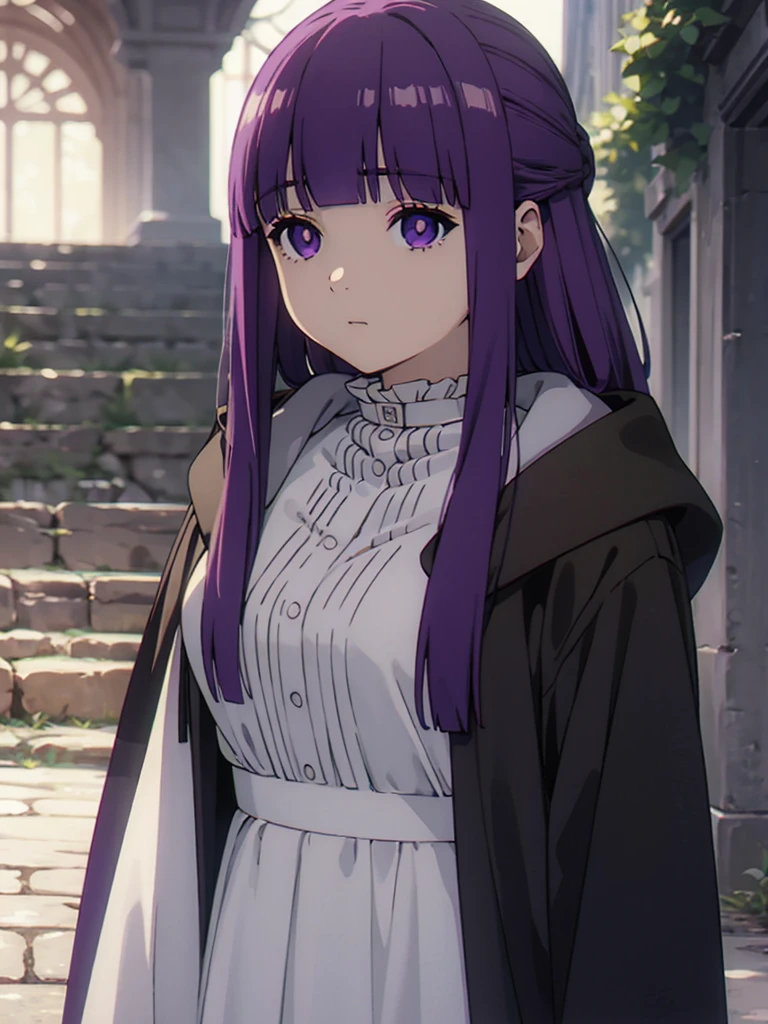 ((masterpiece)),(best quality),official art,extremely delicate and beautiful,extremely detailed CG,unity 8k wallpaper,ultra detailed,beautiful detailed eyes,extremely detailed face,outdoors,1girl,solo,upper body,(portrait:1.5),looking at viewer,facing viewer,expressionless,long hair,purple hair,straight hair,half updo,hime cut,sidelocks,blunt bangs,purple eyes,bright pupils,white pupils,hooded robe,hood down,black robe,white shirt,frills,buttons,long sleeves,medium breasts,long skirt,white skirt,black boots,