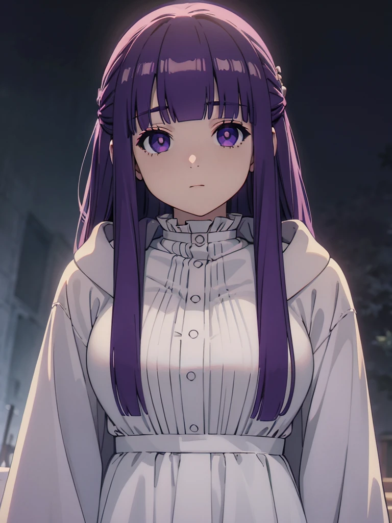 ((masterpiece)),(best quality),official art,extremely delicate and beautiful,extremely detailed CG,unity 8k wallpaper,ultra detailed,beautiful detailed eyes,extremely detailed face,outdoors,1girl,solo,upper body,(portrait:1.5),looking at viewer,facing viewer,expressionless,long hair,purple hair,straight hair,half updo,hime cut,sidelocks,blunt bangs,purple eyes,bright pupils,white pupils,hooded robe,hood down,black robe,white shirt,frills,buttons,long sleeves,medium breasts,long skirt,white skirt,black boots,