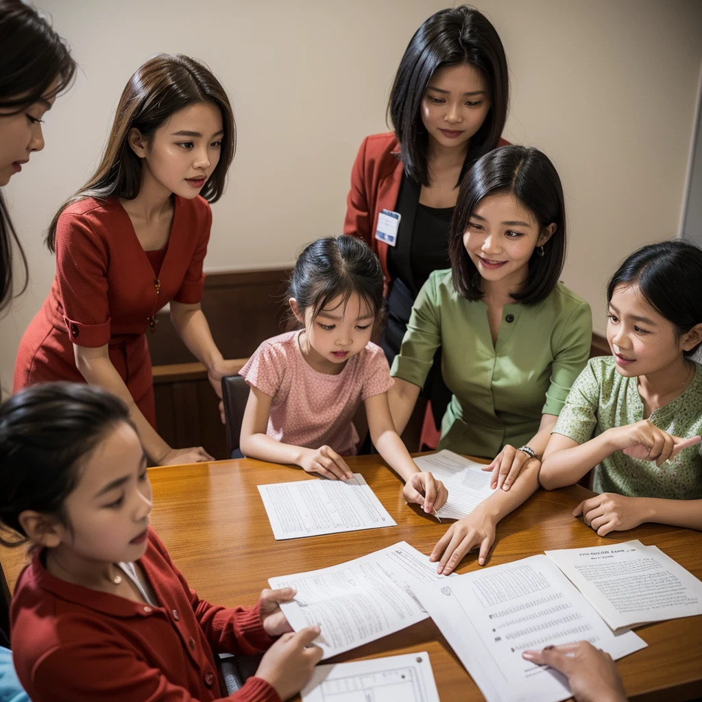 Photo of Indonesian children and Indonesian speech therapists. The therapist holds flash cards and the  responds. smile. Indonesian people. 4k ultra realistic. mid shot