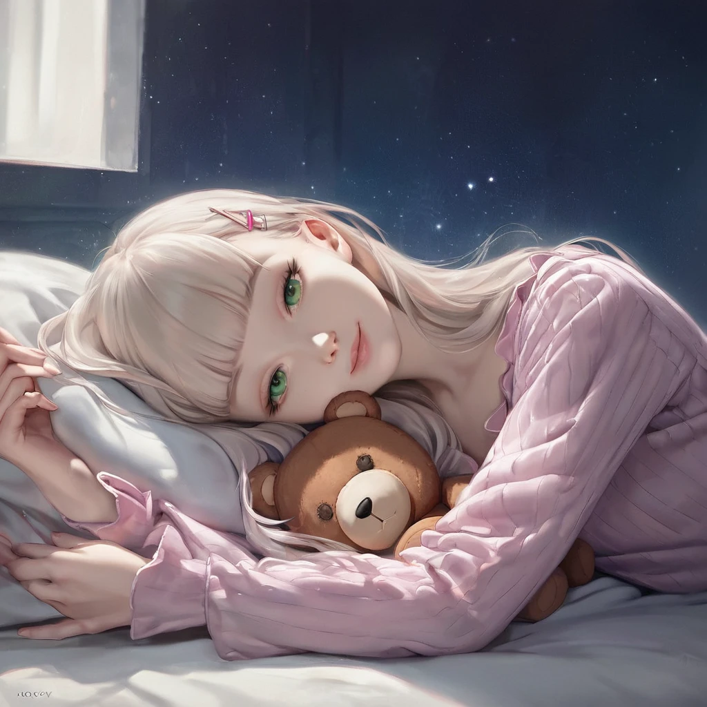 score_9, score_8_up, score_7_up, score_6_up, score_5_up, score_4_up, source_anime, clip skip:2,pale puple long hair,blunt bangs hair,green eyes, (Lovey-dovey:1.5), (tilt head:1.3), extremely delicate face, soft clean focus, realistic lighting and shading, elegant, (muted colors:1.1), small breast,slim,Pink ribbed frill trim pajamas, a bed, a night light, a kind smile,Sleeping with a teddy bear,(night lit:1.5),